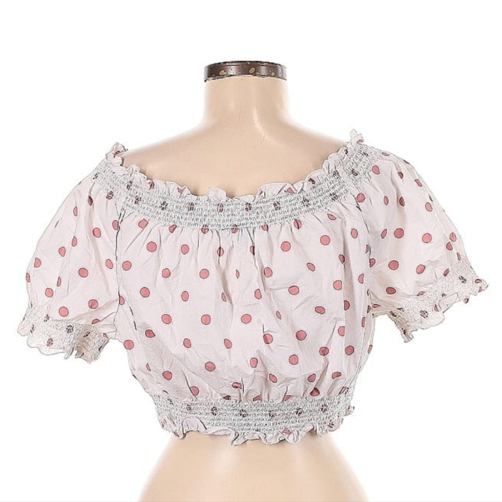 J. Crew Red and White Polka Dot Puff Sleeve Smocked Top M